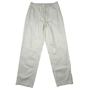 Aerie Distressed White Cotton Cargo Pants Medium M Elastic Waist Drawstring